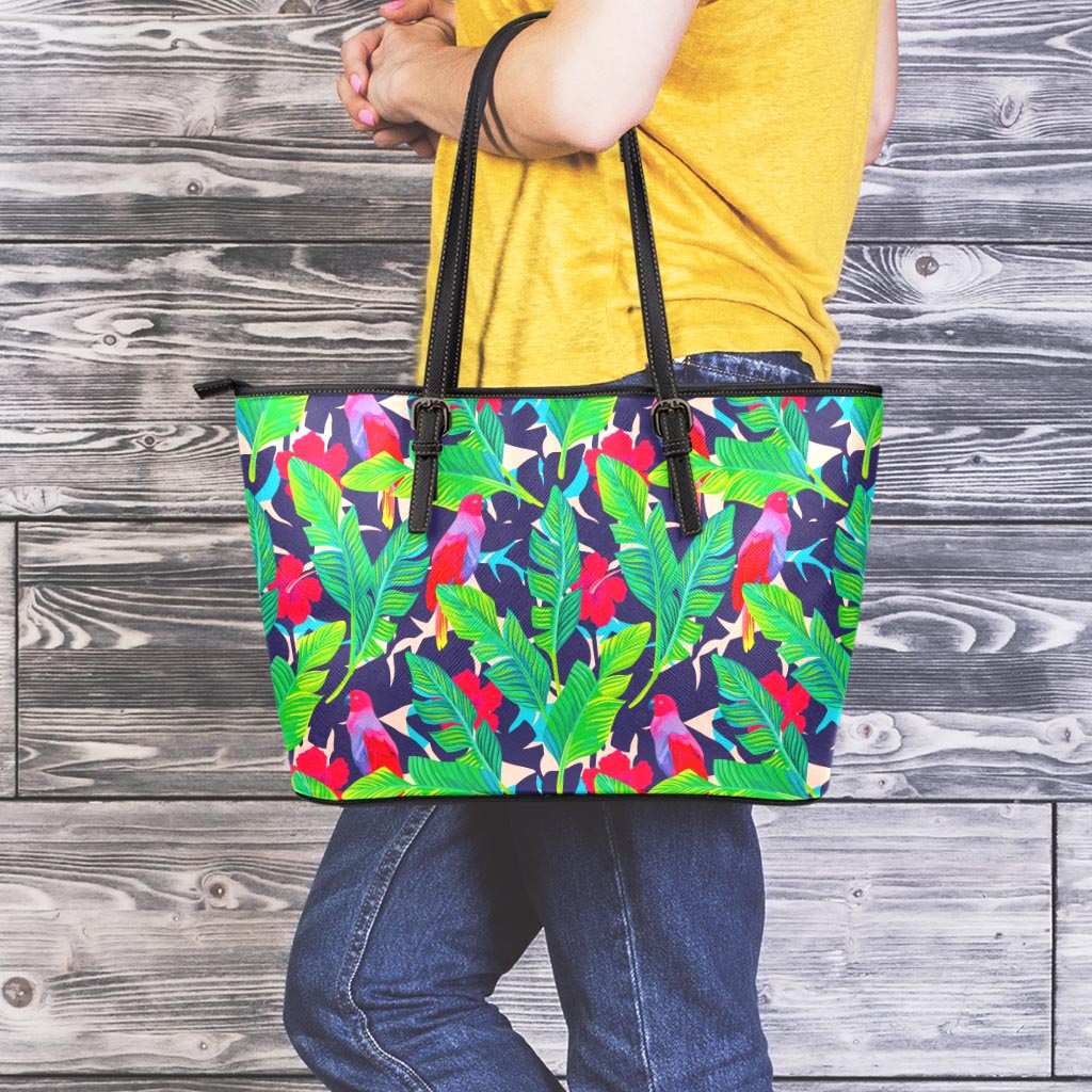 Parrot Banana Leaf Hawaii Pattern Print Leather Tote Bag