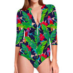 Parrot Banana Leaf Hawaii Pattern Print Long Sleeve Swimsuit