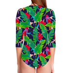 Parrot Banana Leaf Hawaii Pattern Print Long Sleeve Swimsuit