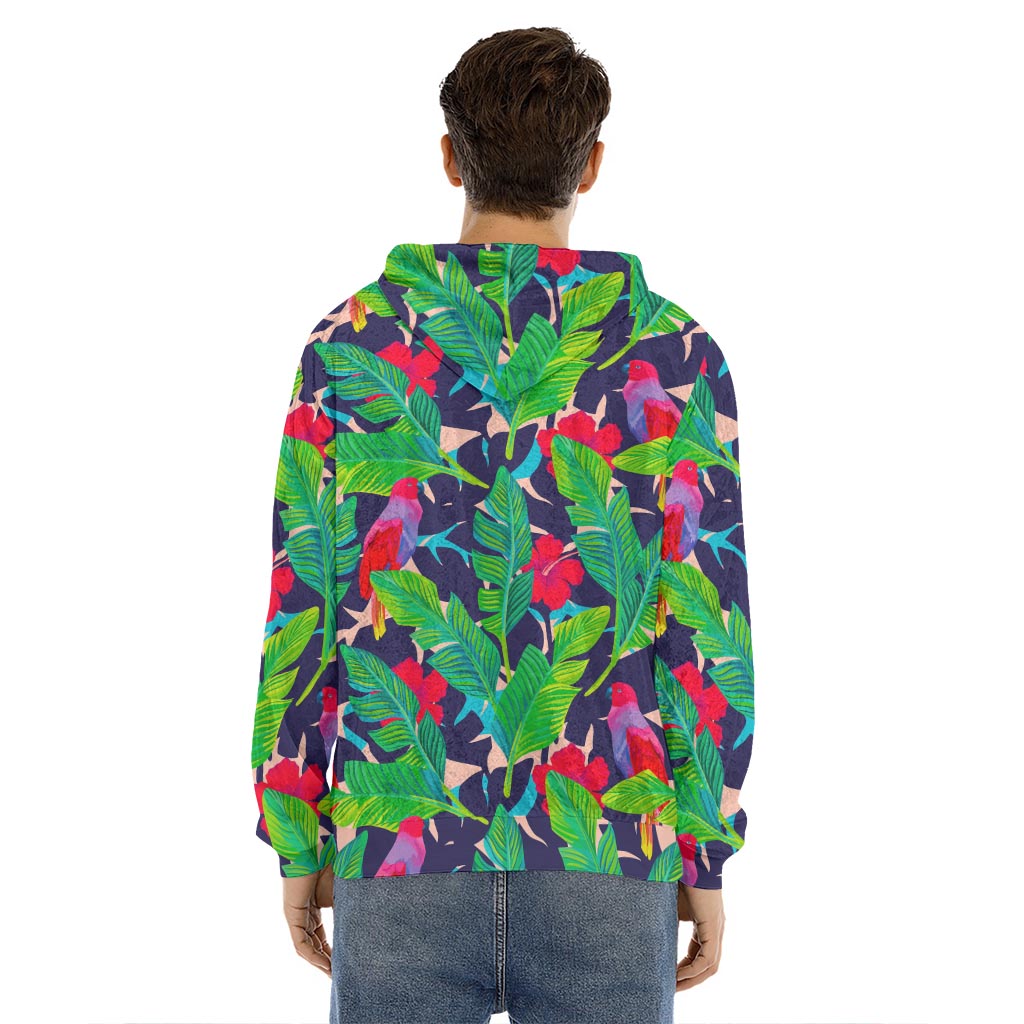 Parrot Banana Leaf Hawaii Pattern Print Men's Velvet Pullover Hoodie