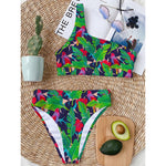 Parrot Banana Leaf Hawaii Pattern Print One Shoulder Bikini Top