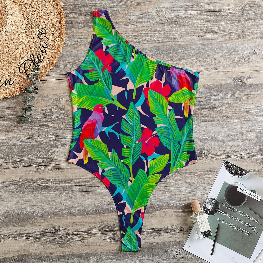Parrot Banana Leaf Hawaii Pattern Print One Shoulder Bodysuit