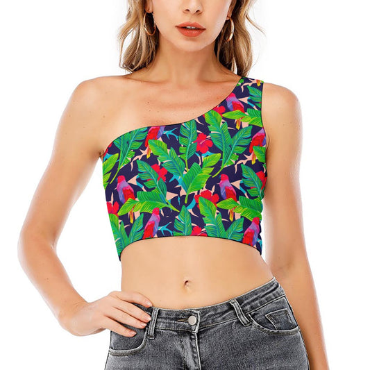 Parrot Banana Leaf Hawaii Pattern Print One Shoulder Crop Top