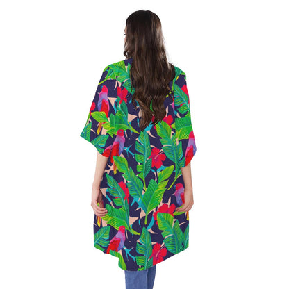 Parrot Banana Leaf Hawaii Pattern Print Open Front Beach Cover Up