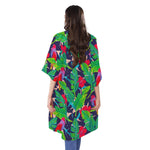 Parrot Banana Leaf Hawaii Pattern Print Open Front Beach Cover Up