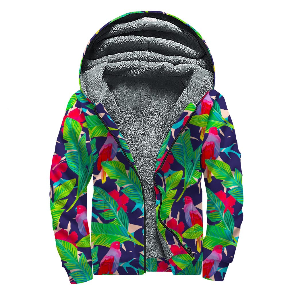 Parrot Banana Leaf Hawaii Pattern Print Sherpa Lined Zip Up Hoodie