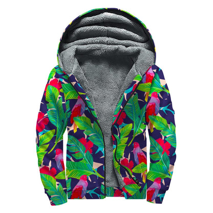 Parrot Banana Leaf Hawaii Pattern Print Sherpa Lined Zip Up Hoodie