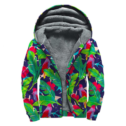 Parrot Banana Leaf Hawaii Pattern Print Sherpa Lined Zip Up Hoodie