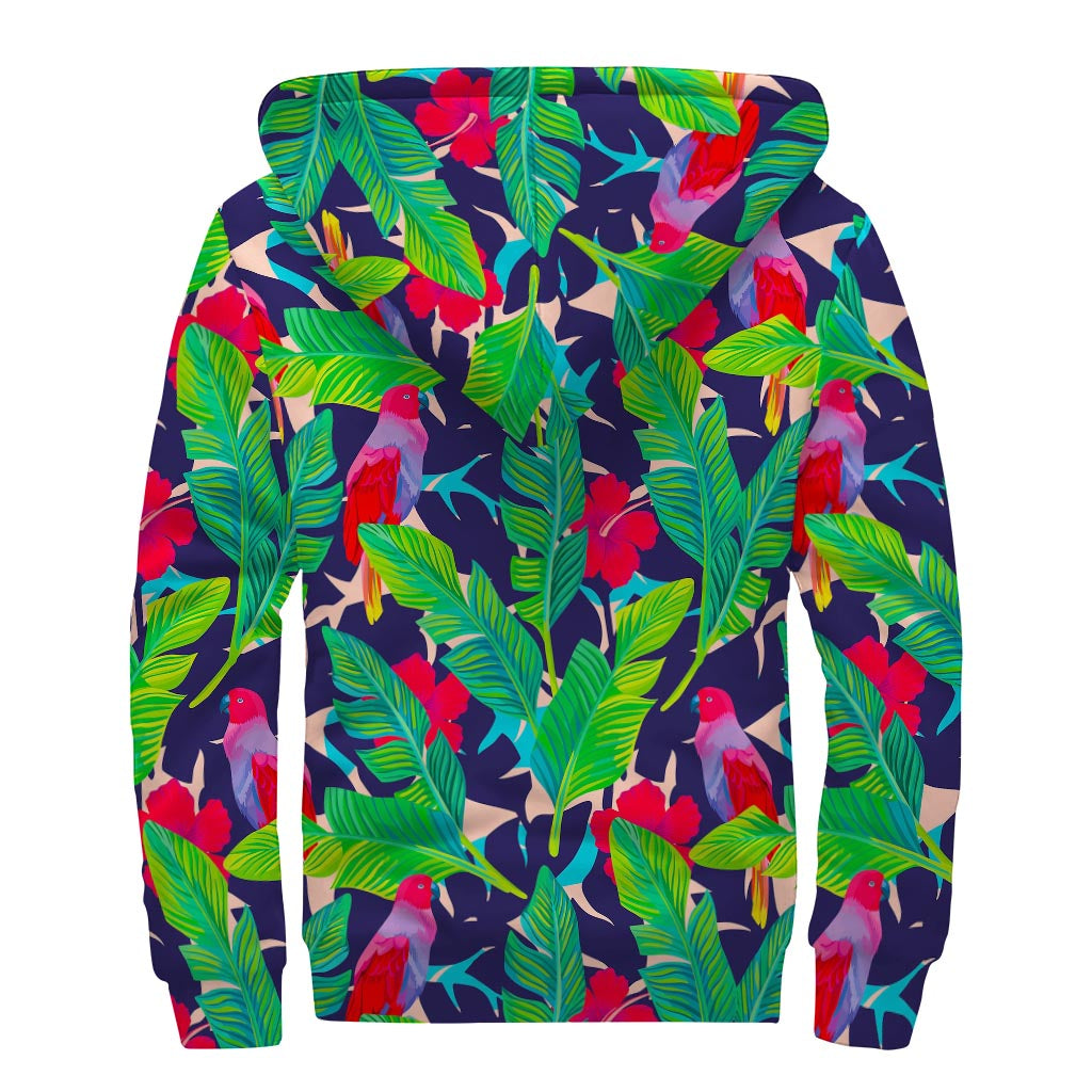 Parrot Banana Leaf Hawaii Pattern Print Sherpa Lined Zip Up Hoodie