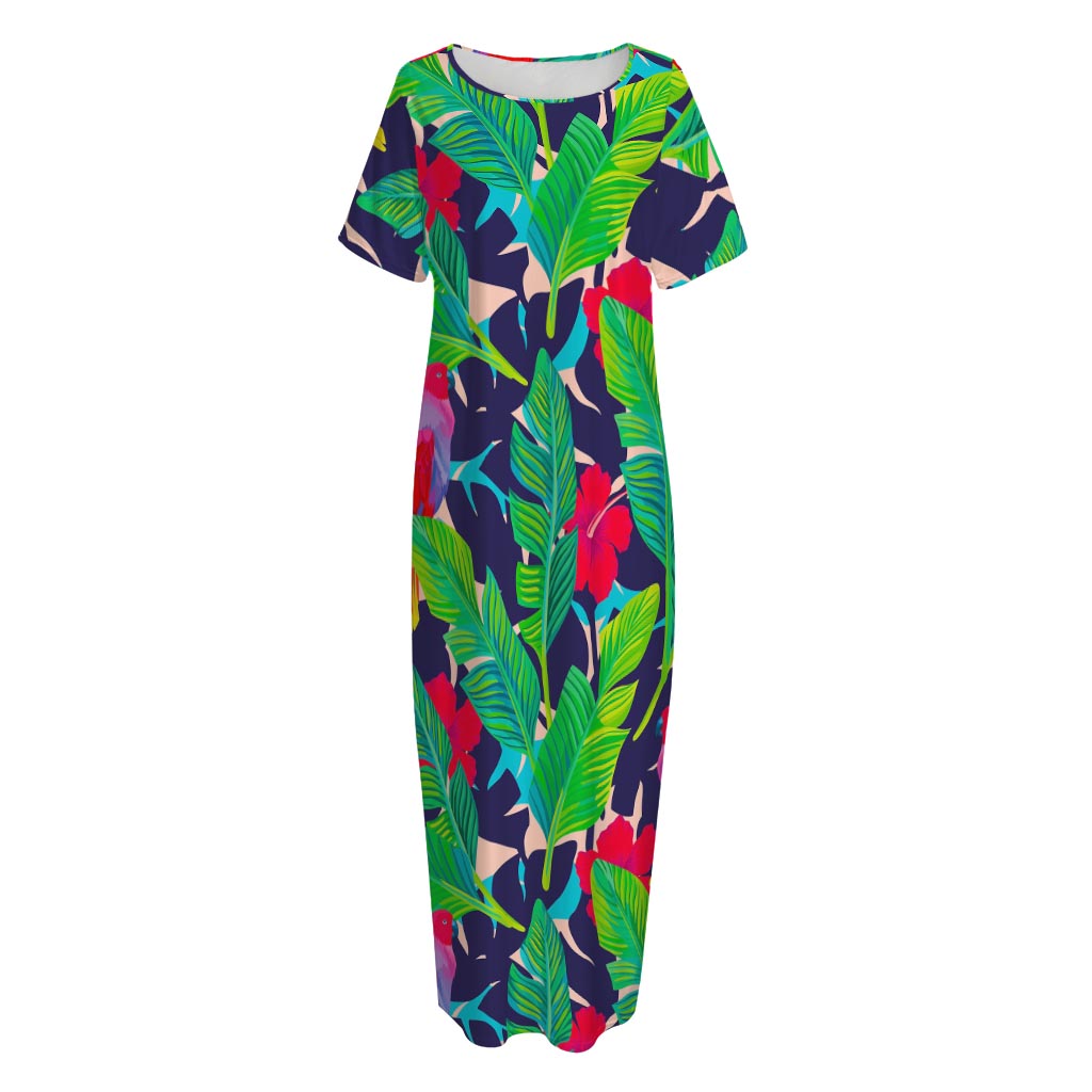 Parrot Banana Leaf Hawaii Pattern Print Short Sleeve Long Nightdress