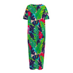 Parrot Banana Leaf Hawaii Pattern Print Short Sleeve Long Nightdress