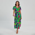 Parrot Banana Leaf Hawaii Pattern Print Short Sleeve Maxi Dress