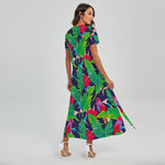 Parrot Banana Leaf Hawaii Pattern Print Short Sleeve Maxi Dress