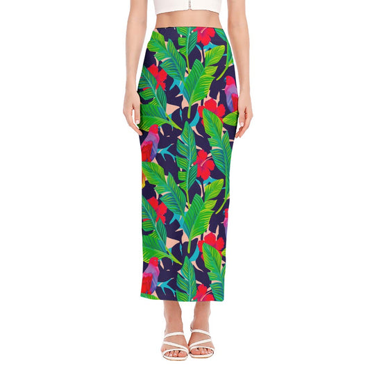 Parrot Banana Leaf Hawaii Pattern Print Side Slit Maxi Skirt
