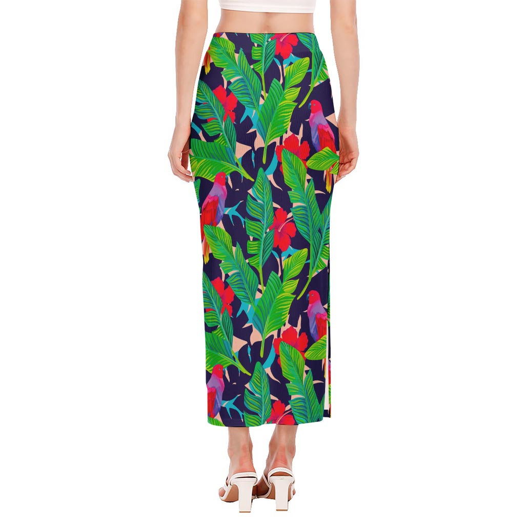 Parrot Banana Leaf Hawaii Pattern Print Side Slit Maxi Skirt