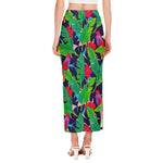 Parrot Banana Leaf Hawaii Pattern Print Side Slit Maxi Skirt