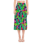 Parrot Banana Leaf Hawaii Pattern Print Side Slit Midi Skirt
