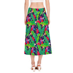 Parrot Banana Leaf Hawaii Pattern Print Side Slit Midi Skirt