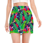Parrot Banana Leaf Hawaii Pattern Print Side Slit Mini Skirt