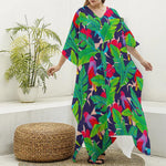 Parrot Banana Leaf Hawaii Pattern Print Silk V-Neck Kaftan Dress