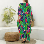 Parrot Banana Leaf Hawaii Pattern Print Silk V-Neck Kaftan Dress