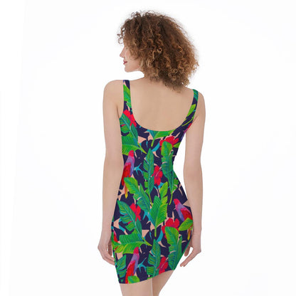 Parrot Banana Leaf Hawaii Pattern Print Sleeveless Bodycon Dress