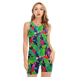 Parrot Banana Leaf Hawaii Pattern Print Sleeveless One Piece Swimsuit