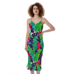 Parrot Banana Leaf Hawaii Pattern Print Slim Fit Midi Cami Dress