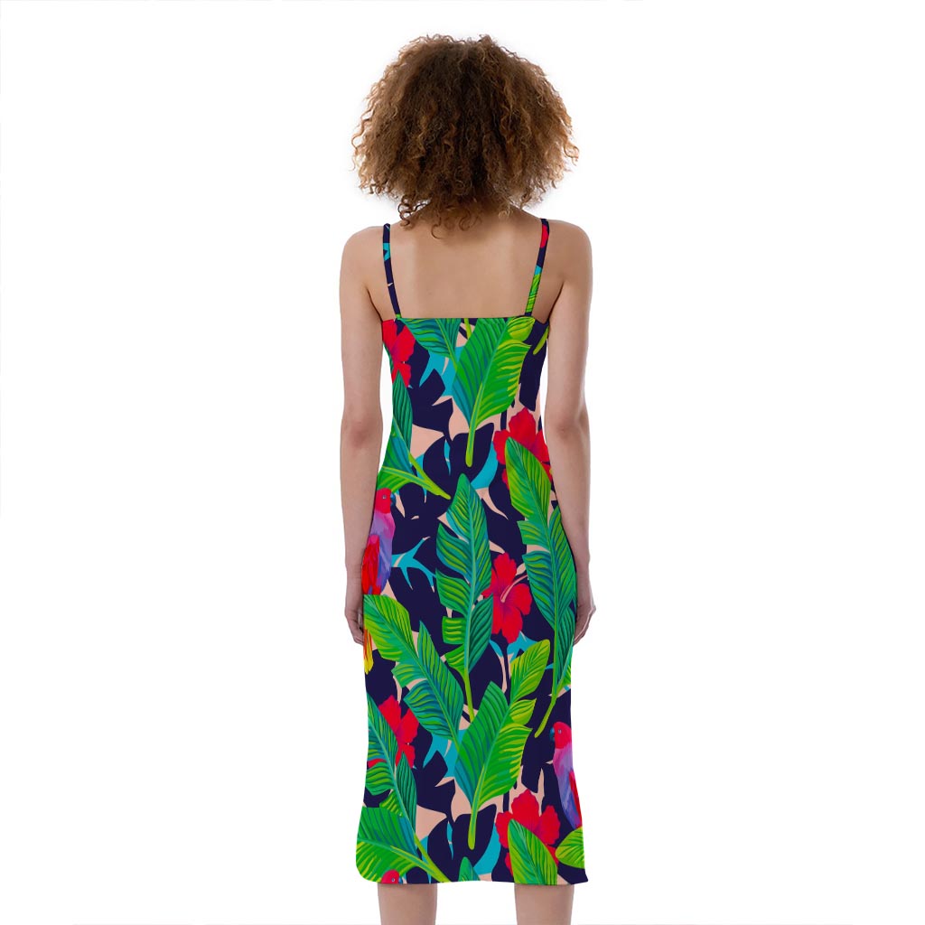 Parrot Banana Leaf Hawaii Pattern Print Slim Fit Midi Cami Dress