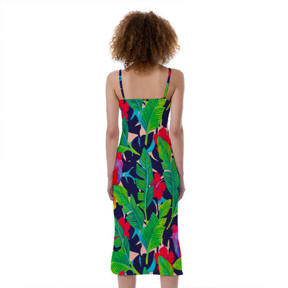 Parrot Banana Leaf Hawaii Pattern Print Slim Fit Midi Cami Dress