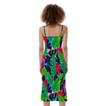 Parrot Banana Leaf Hawaii Pattern Print Slim Fit Midi Cami Dress