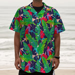 Parrot Banana Leaf Hawaii Pattern Print Textured Short Sleeve Shirt