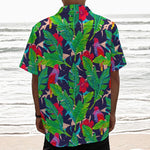 Parrot Banana Leaf Hawaii Pattern Print Textured Short Sleeve Shirt