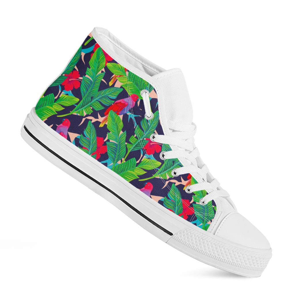 Parrot Banana Leaf Hawaii Pattern Print White High Top Sneakers