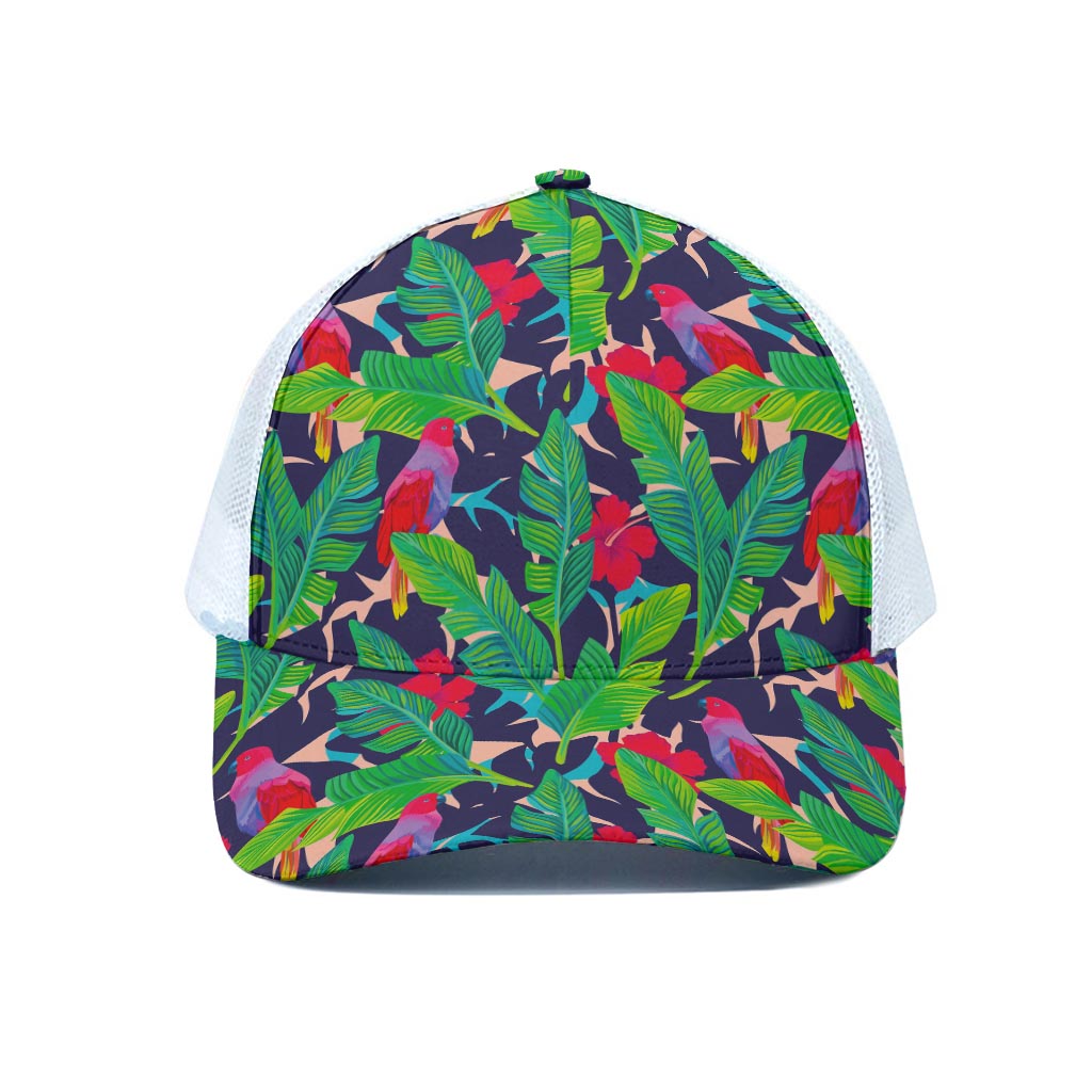 Parrot Banana Leaf Hawaii Pattern Print White Mesh Trucker Cap