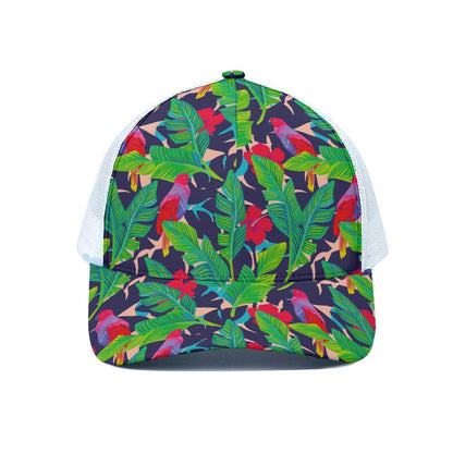Parrot Banana Leaf Hawaii Pattern Print White Mesh Trucker Cap