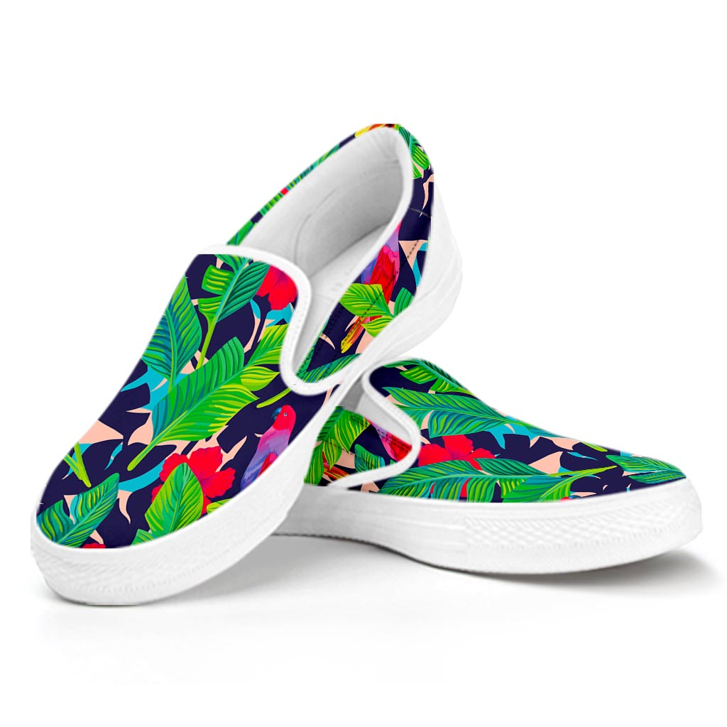 Parrot Banana Leaf Hawaii Pattern Print White Slip On Sneakers