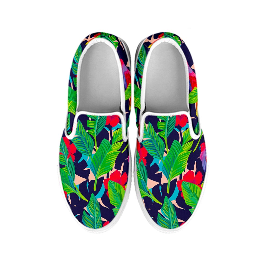 Parrot Banana Leaf Hawaii Pattern Print White Slip On Sneakers
