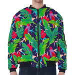 Parrot Banana Leaf Hawaii Pattern Print Zip Sleeve Bomber Jacket