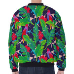 Parrot Banana Leaf Hawaii Pattern Print Zip Sleeve Bomber Jacket