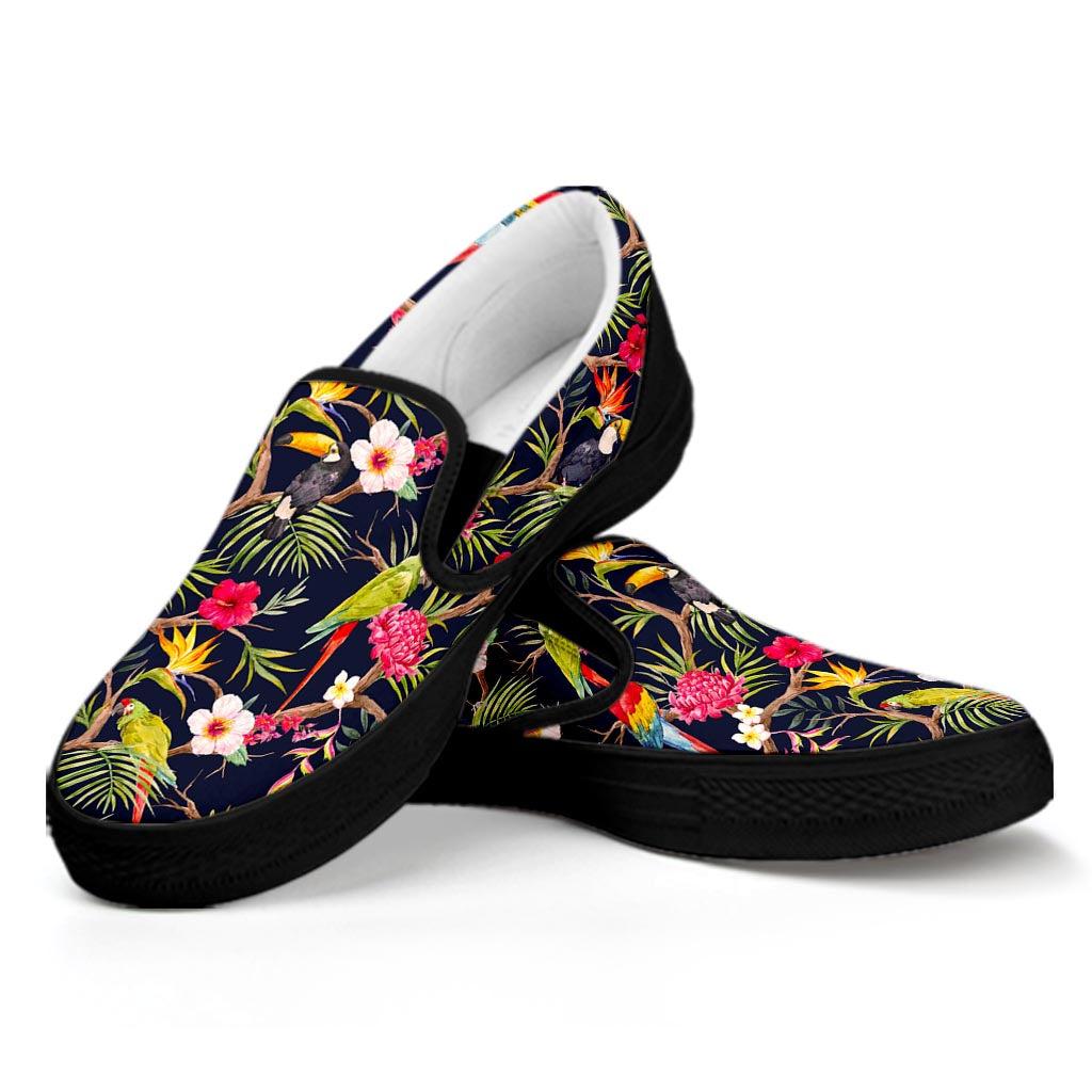 Parrot Toucan Tropical Pattern Print Black Slip On Sneakers