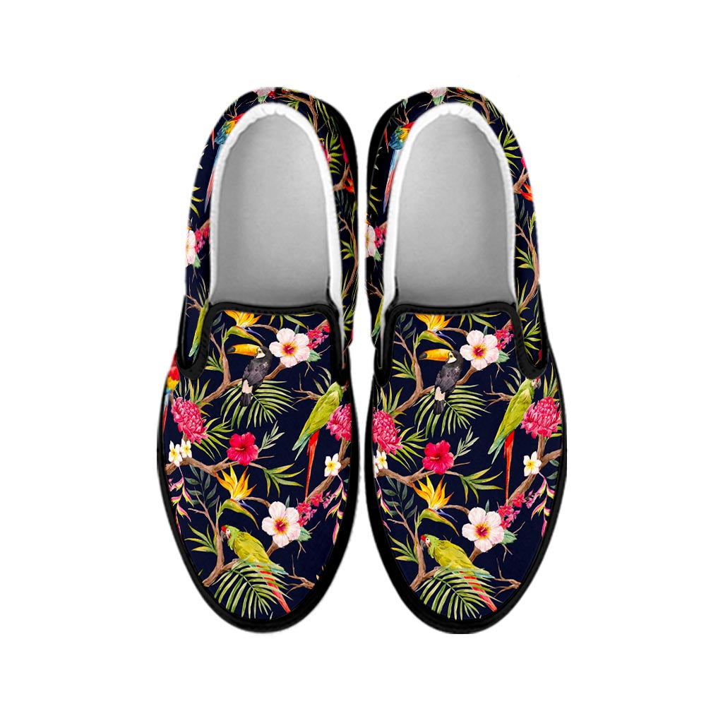 Parrot Toucan Tropical Pattern Print Black Slip On Sneakers