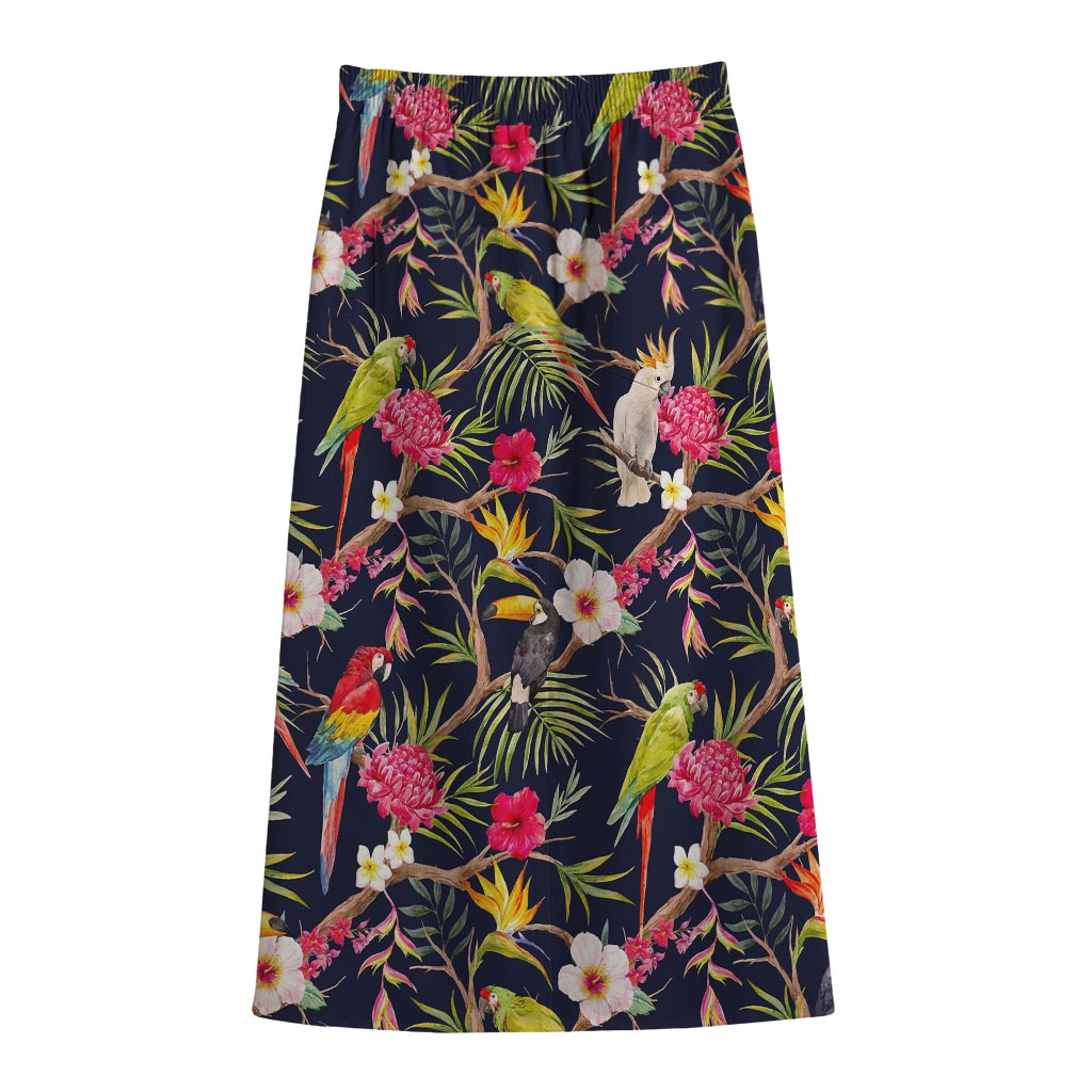 Parrot Toucan Tropical Pattern Print Cotton Front Slit Maxi Skirt