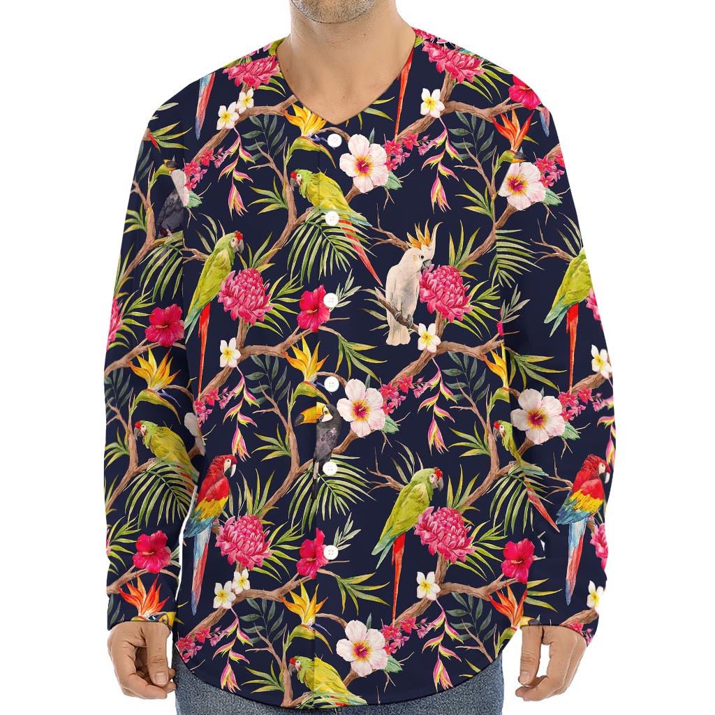 Parrot Toucan Tropical Pattern Print Long Sleeve Baseball Jersey