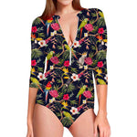 Parrot Toucan Tropical Pattern Print Long Sleeve Swimsuit