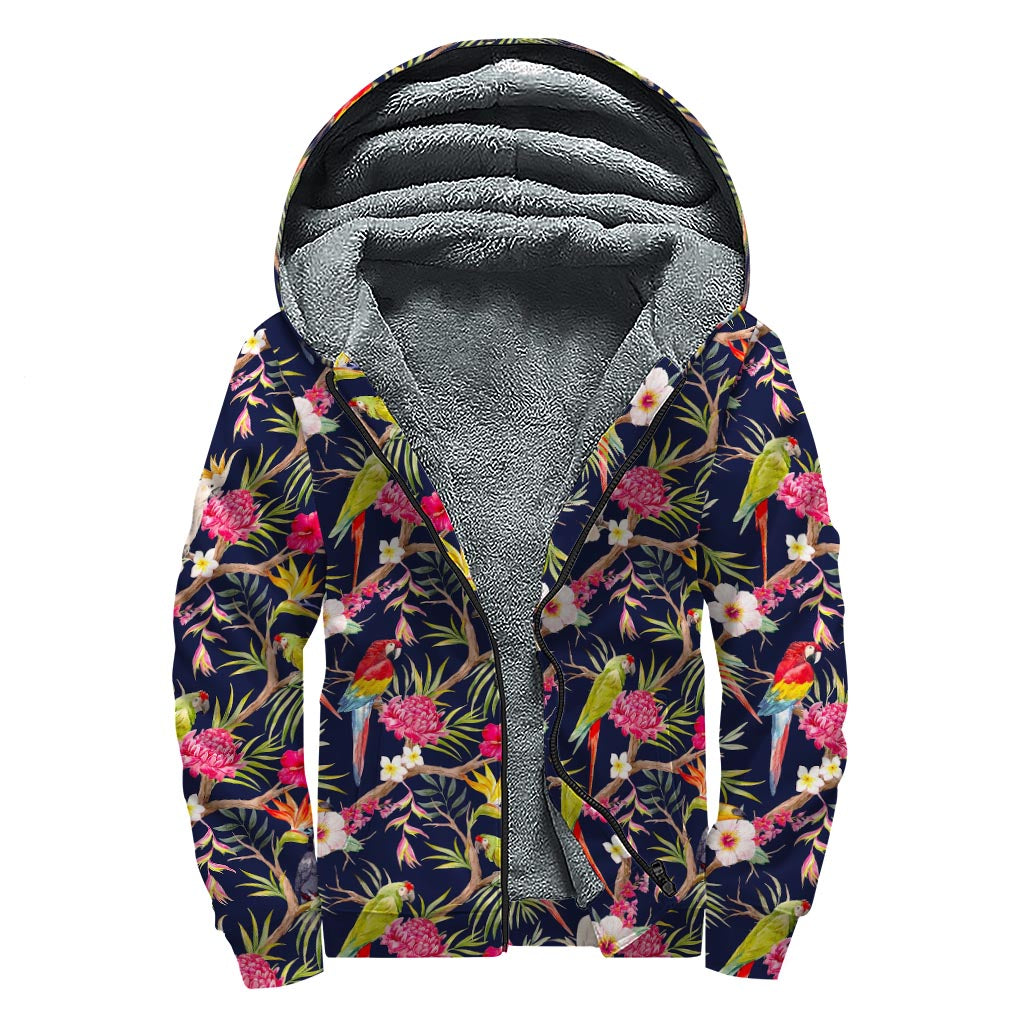 Parrot Toucan Tropical Pattern Print Sherpa Lined Zip Up Hoodie