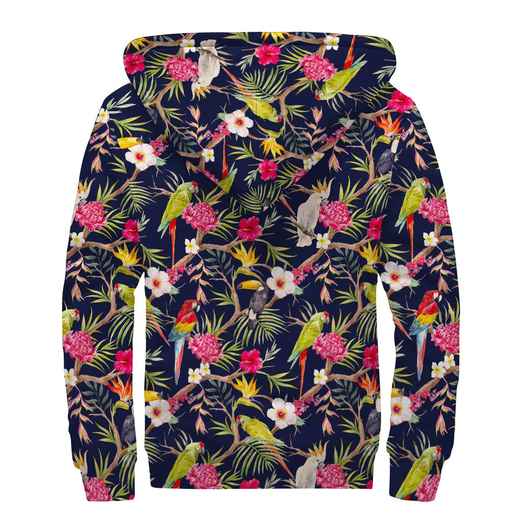 Parrot Toucan Tropical Pattern Print Sherpa Lined Zip Up Hoodie