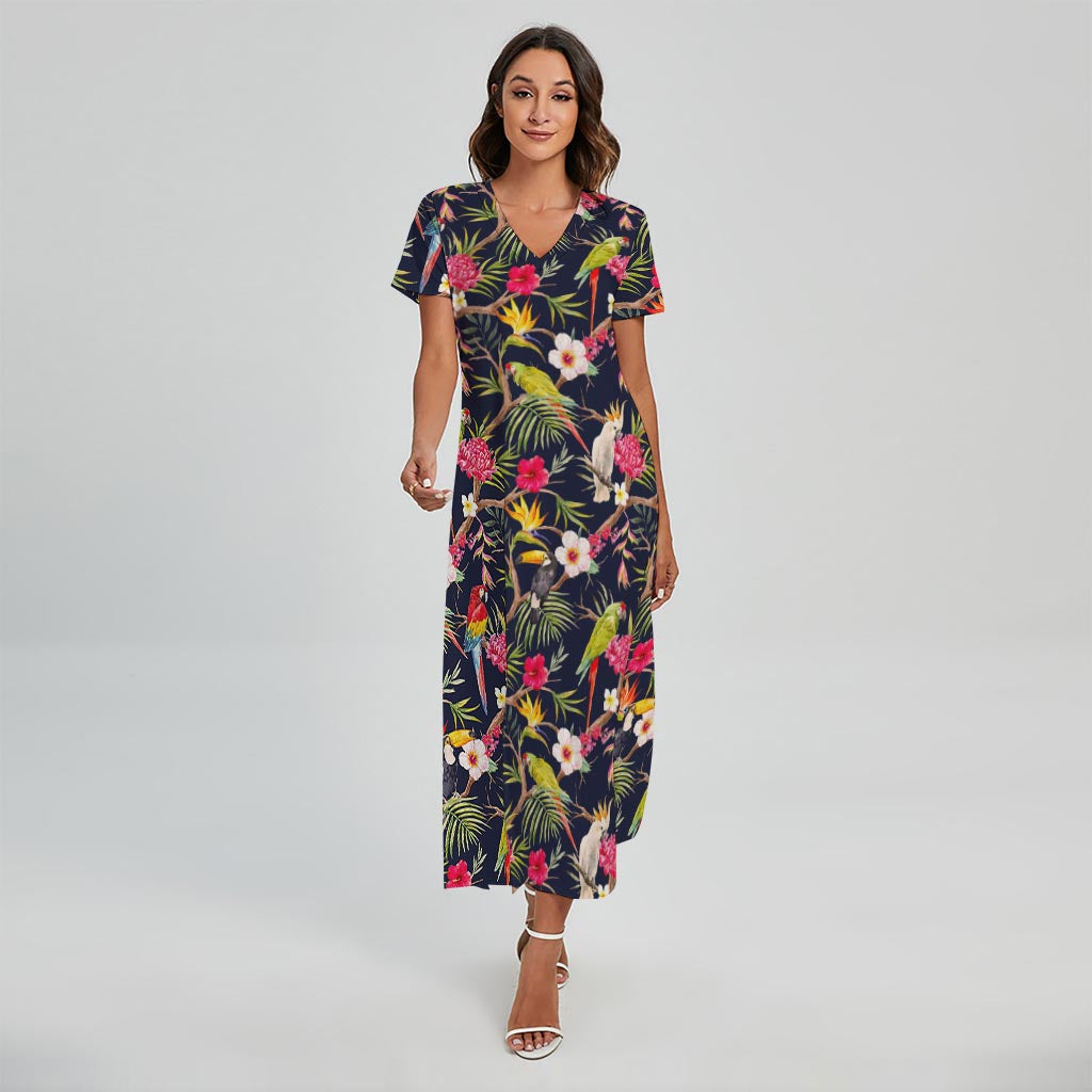 Parrot Toucan Tropical Pattern Print Short Sleeve Maxi Dress