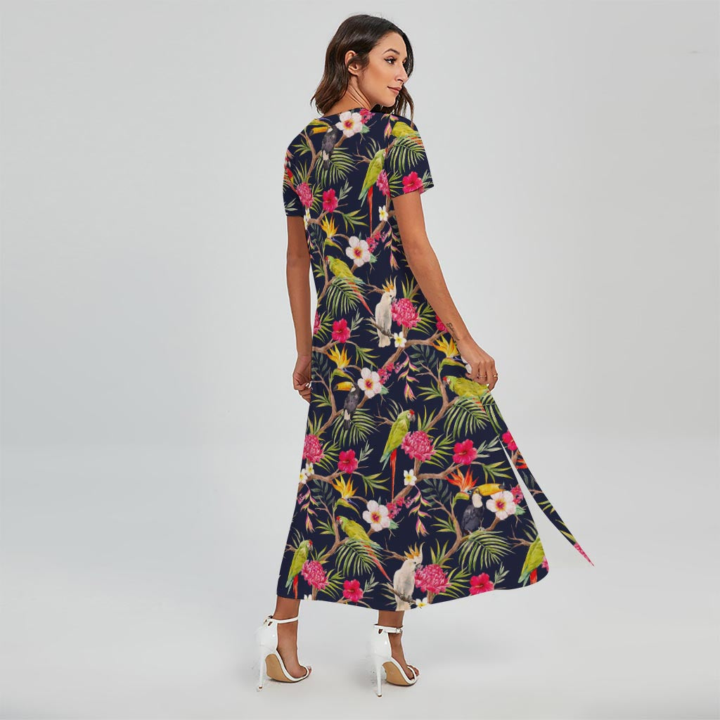 Parrot Toucan Tropical Pattern Print Short Sleeve Maxi Dress