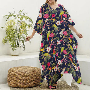 Parrot Toucan Tropical Pattern Print Silk V-Neck Kaftan Dress